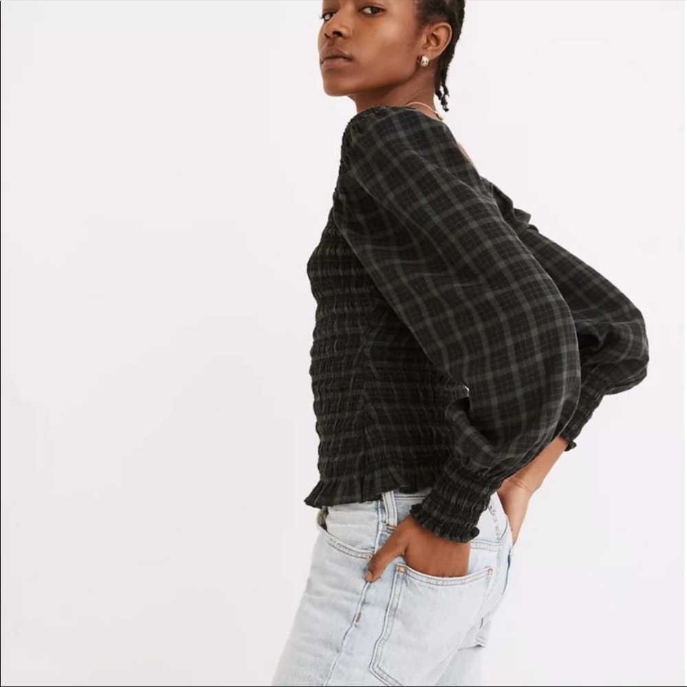 madewell lucie-bubble sleeve smocked top in plaid